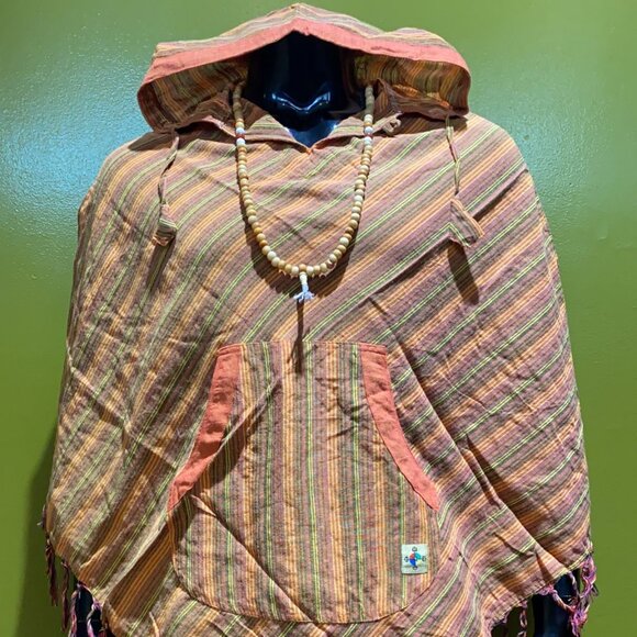 Katmandu Trading Company Sweaters - Cotton Diamond-Cut Front Pocket Hoodie Poncho - Stripes (Orange)